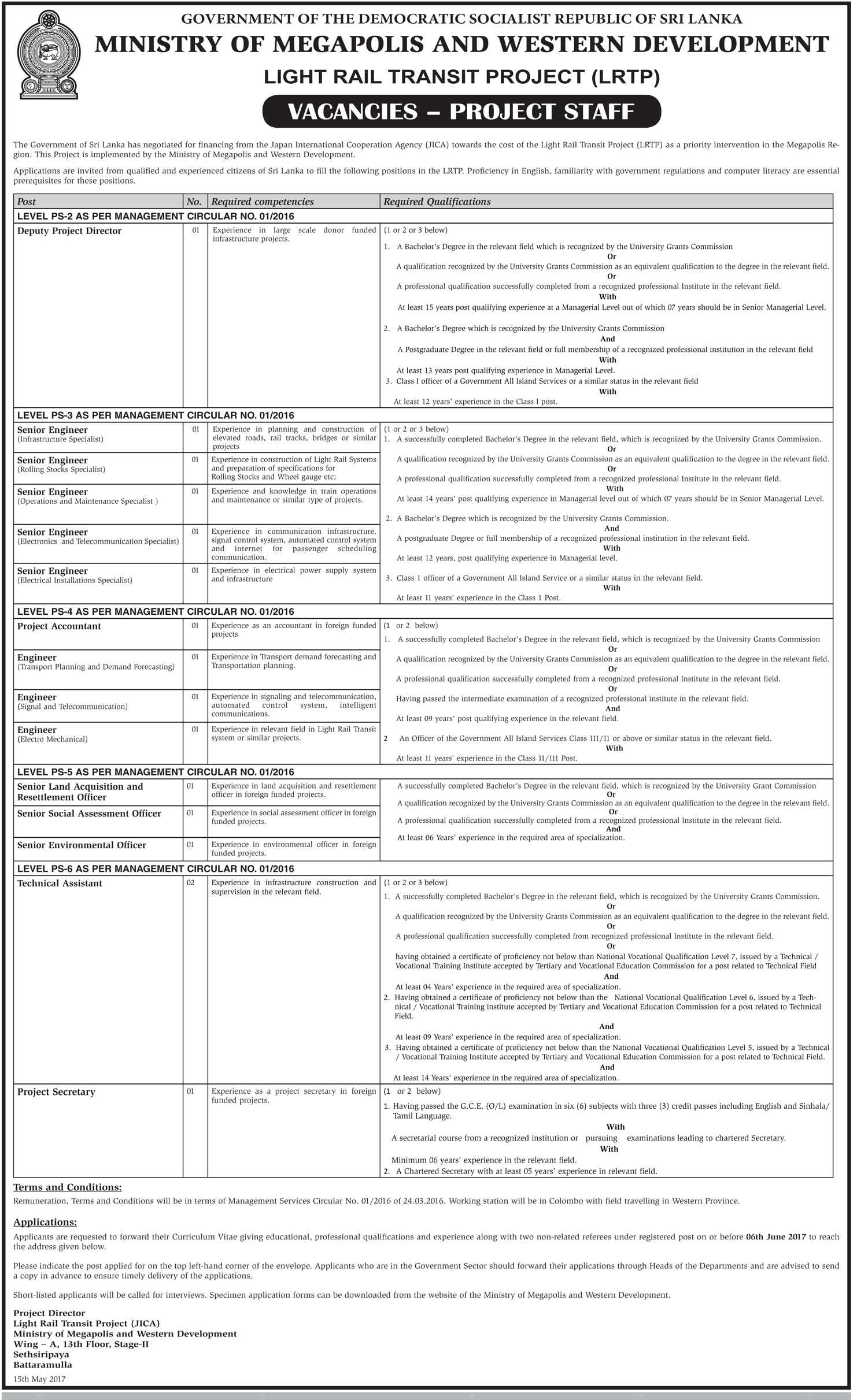 Deputy Project Director, Senior Engineer, Engineer, Project Accountant, Senior Land Acquisition & Resettlement Officer, Senior Social Assessment Officer, Senior Environmental Officer, Technical Assistant, Project Secretary - Ministry of Megapolis & Western Development